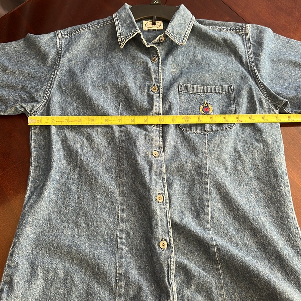 🌞 Bugle Boy For Her Vintage 90s short sleeve button up blue denim shirt M - Picture 9 of 16